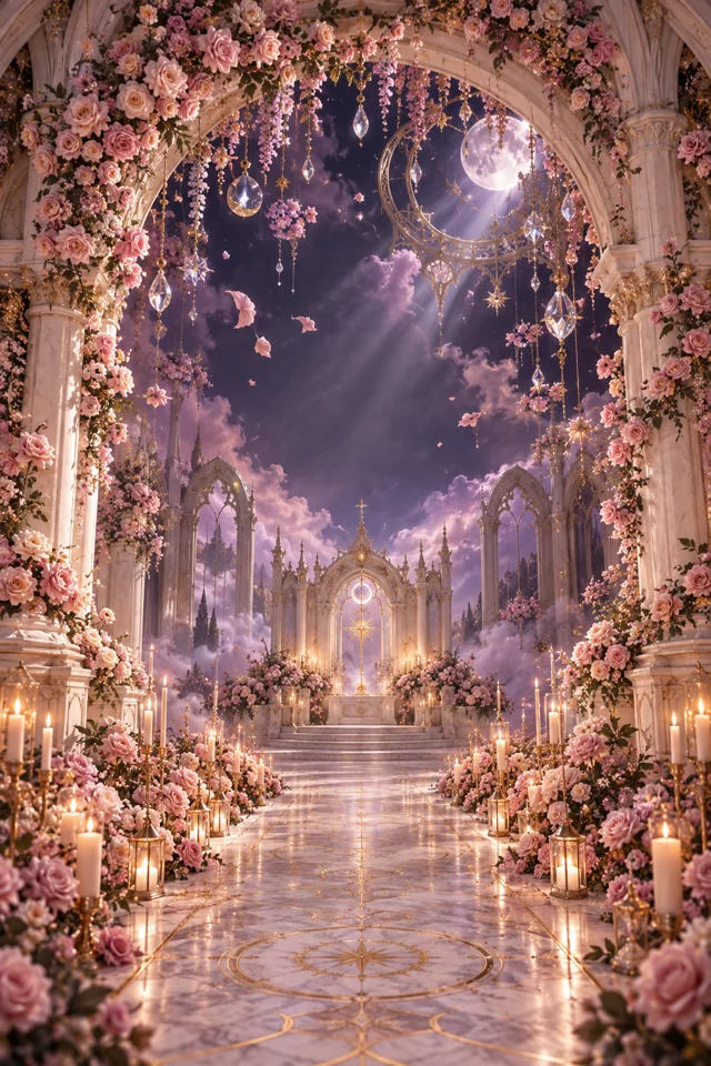 Capilla fantástica cubierta de rosas, imagen conceptual