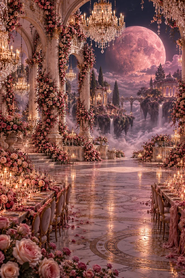 Salón de fantasía abierto al jardín lunar, imagen conceptual